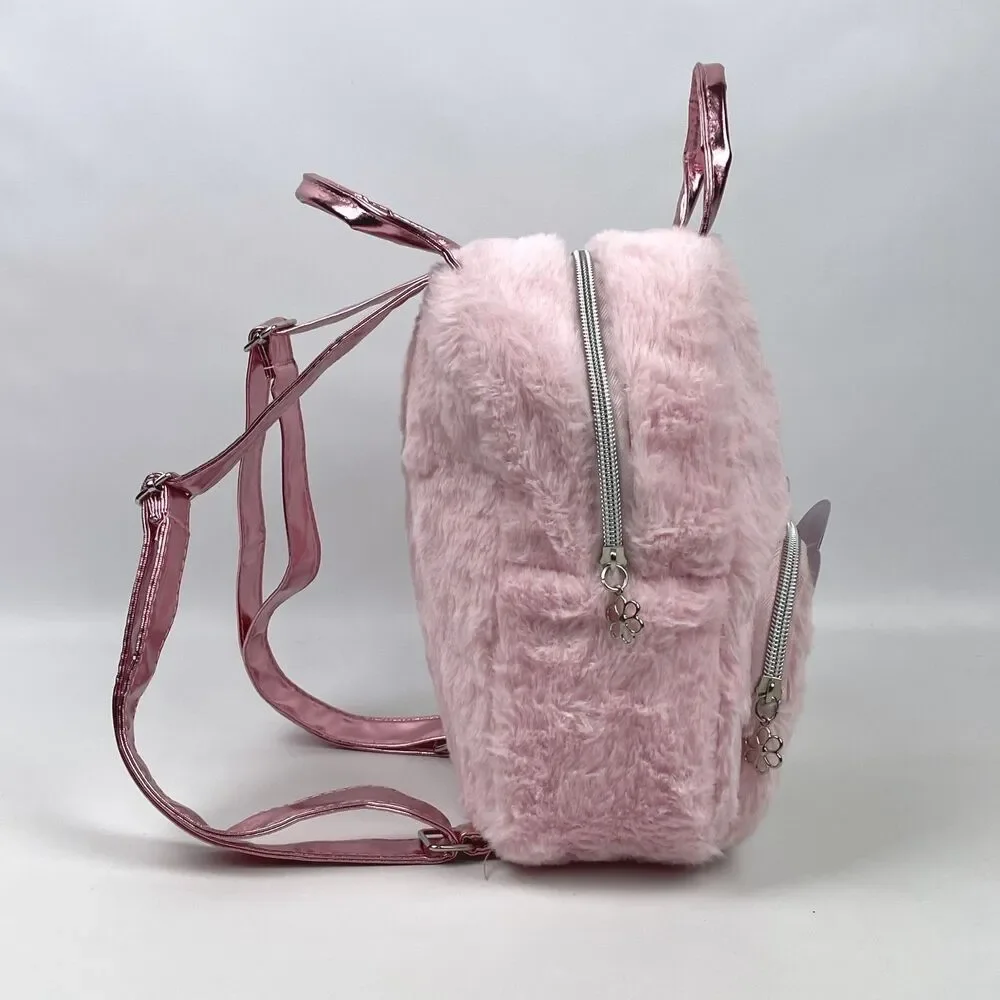 Disney Minnie Mouse Faux Fur Mini Backpack Pink Fuzzy Sequin Bag EUC